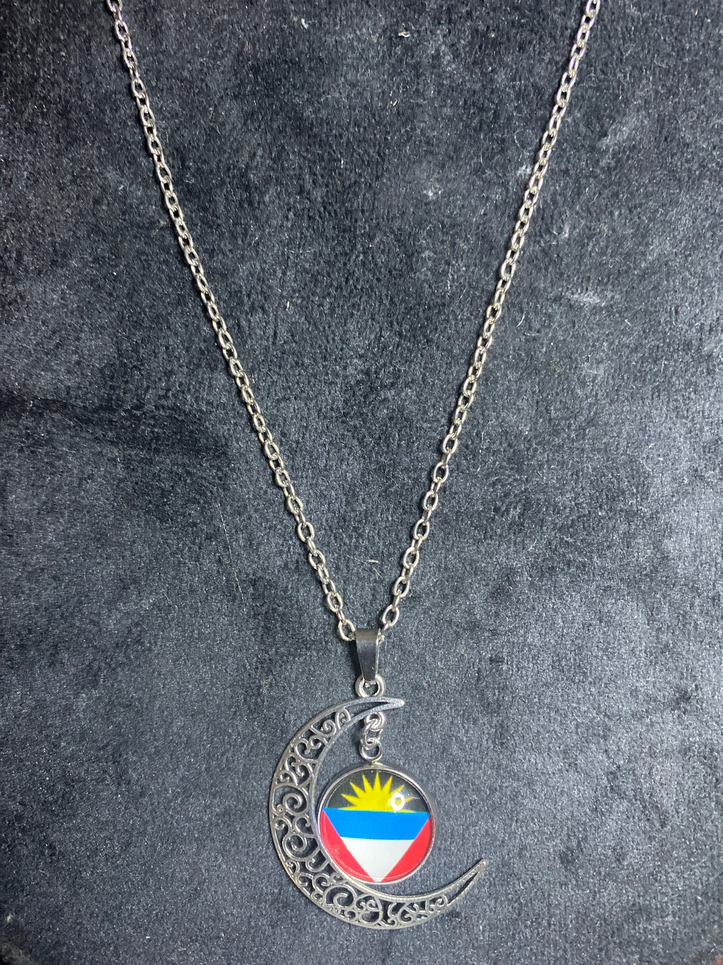 Antigua Flag Necklace w/ Round 3/4” Moon Pendant