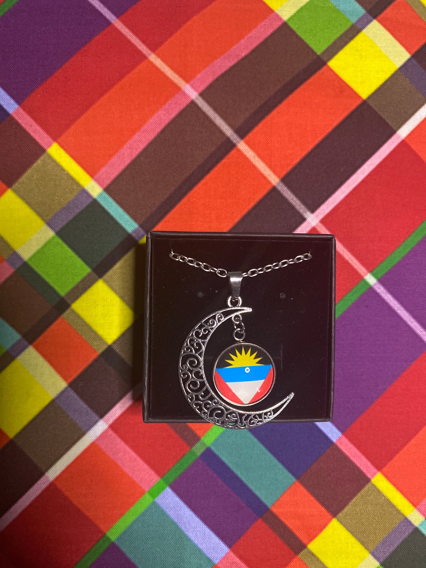 Antigua Flag Necklace w/ Round 3/4” Moon Pendant